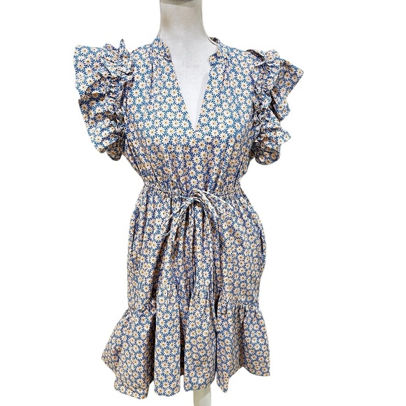 By Anthropologie v neck White, yellow & Blue flutter sleeve Tie Front dress MP - Picture 2 of 11